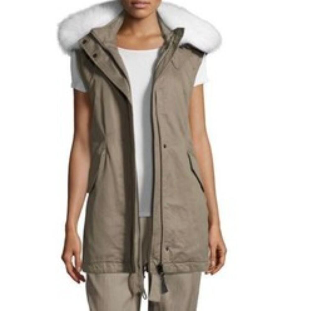 Derek Lam 10 Crosby Utility Cotton Oversized Vest w/ Fur Collar Sage S M